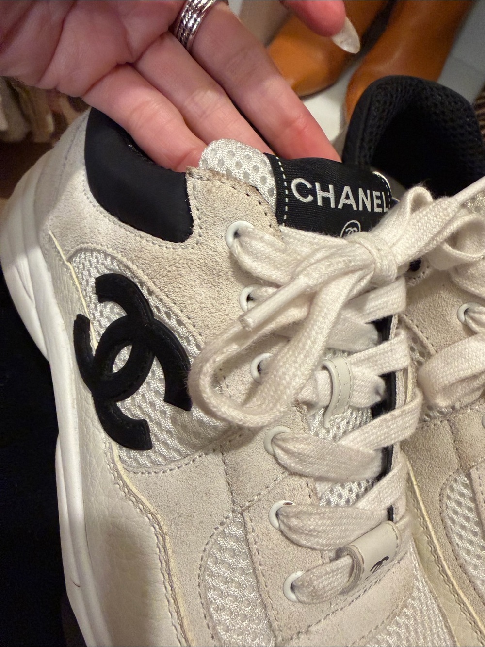 CHANEL Cream & Black Leather Chanel CC Logo Sneakers - Picture 9 of 14